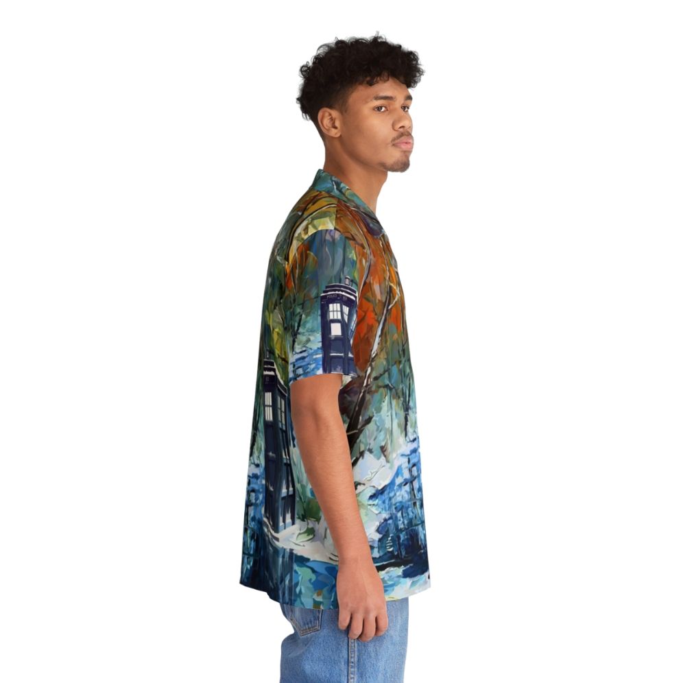 Blue Phone Booth Hawaiian Shirt with Winter Wonderland Scenery - People Pight