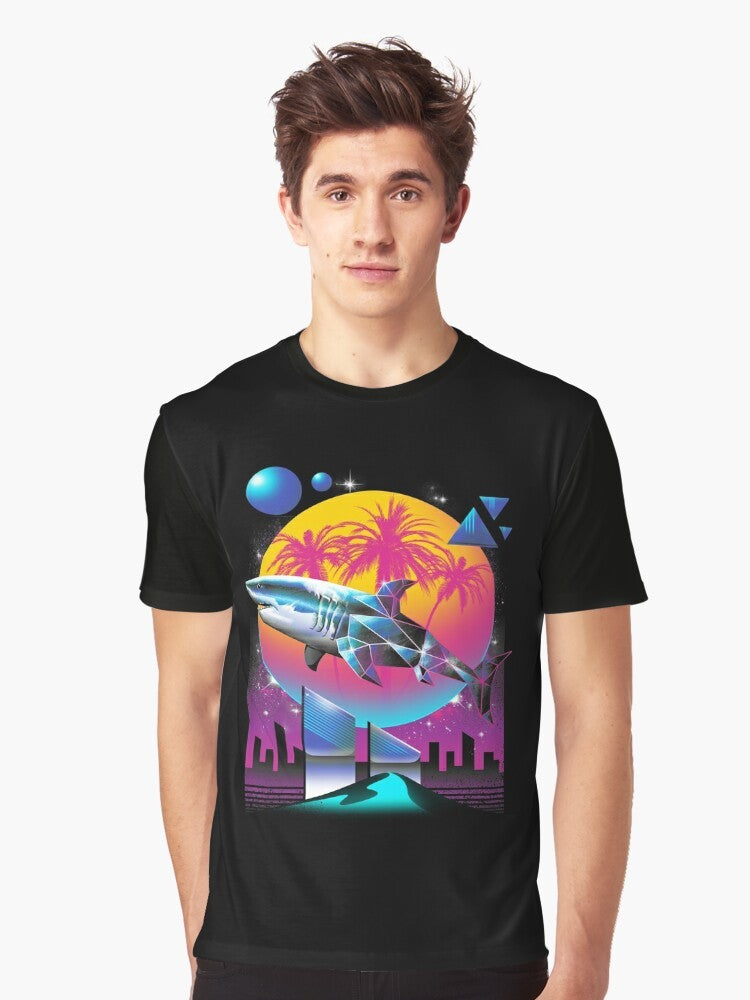 Rad shark graphic design on a black t-shirt with neon colors - Men