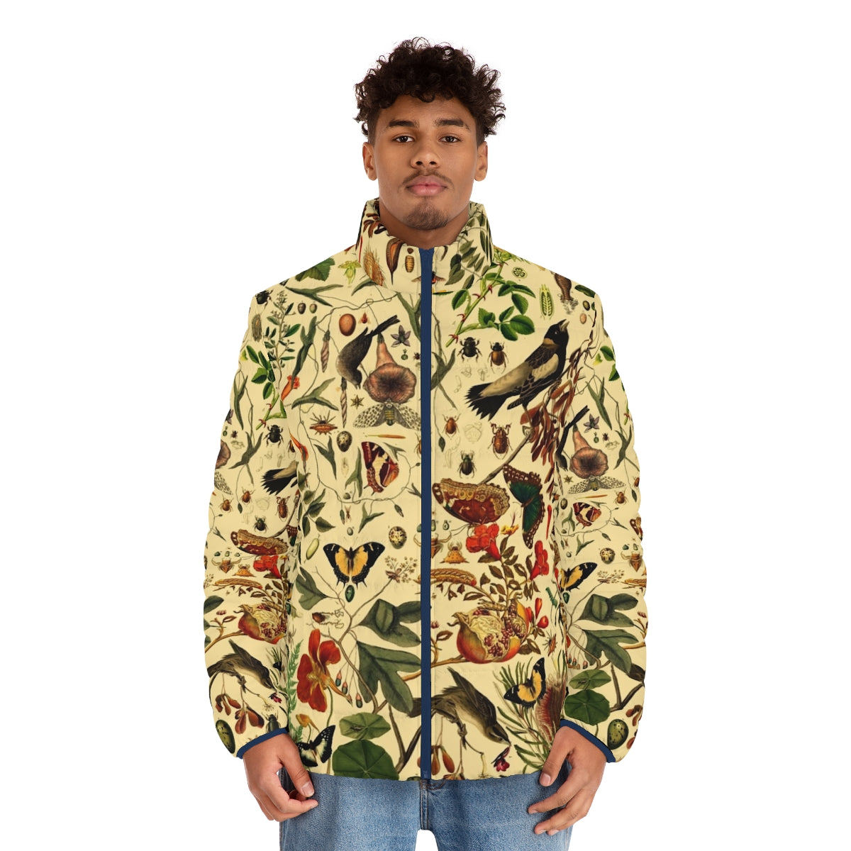 A warm and stylish puffer jacket featuring a beautiful botanical pattern. - men front