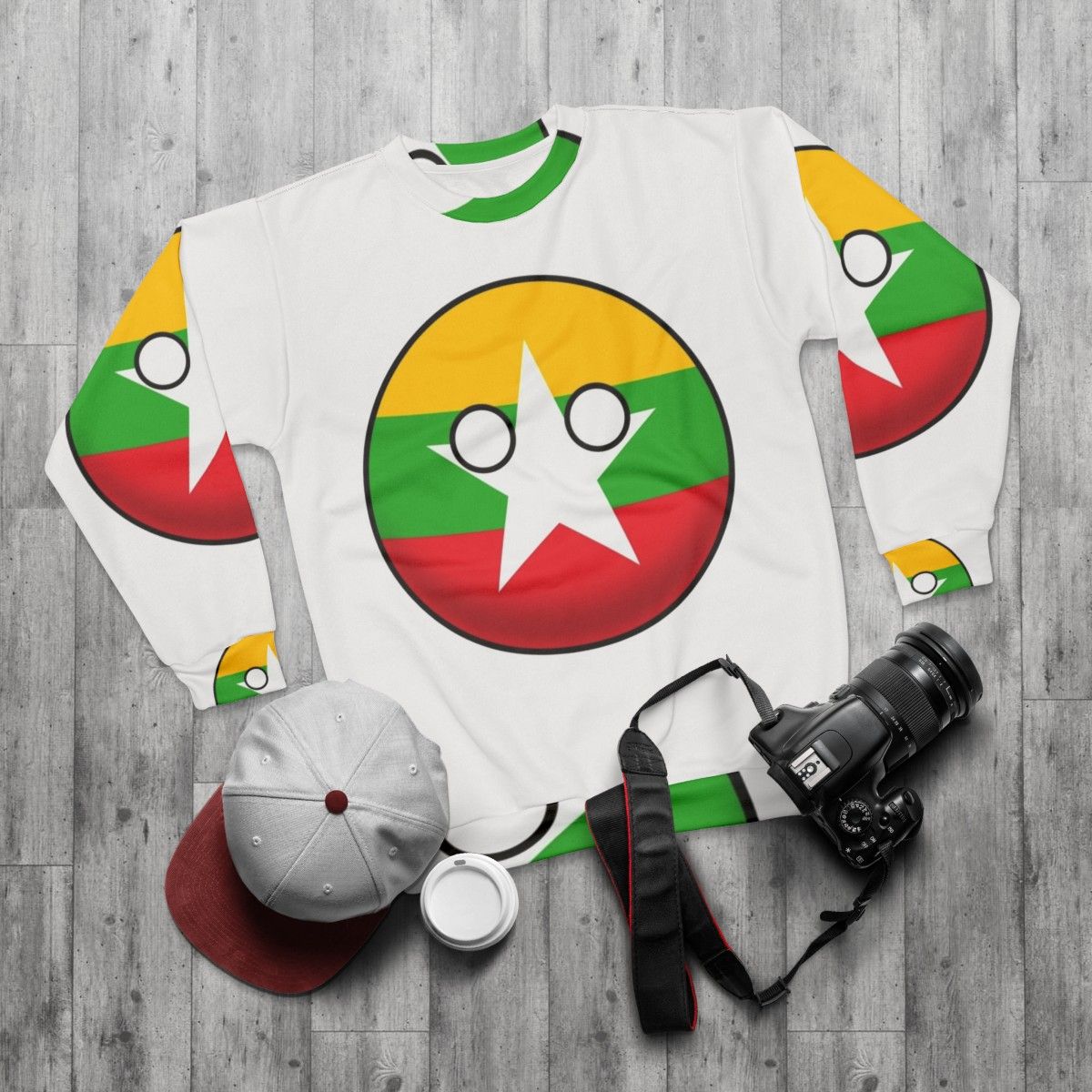 Myanmar Countryball Sweatshirt, showcasing the national flag and cultural pride - flat lay