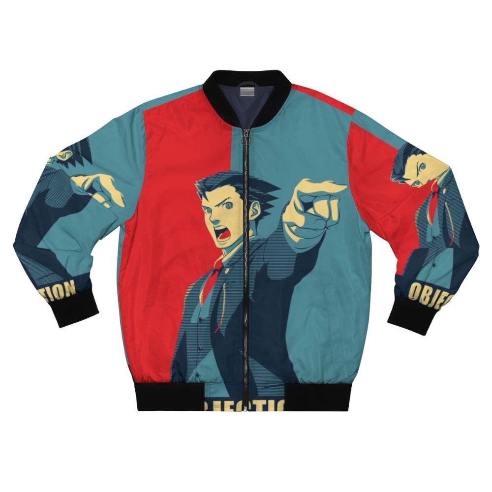 "Ace Attorney Objection Bomber Jacket featuring Phoenix Wright, Miles Edgeworth, and other characters from the popular Capcom video game series"