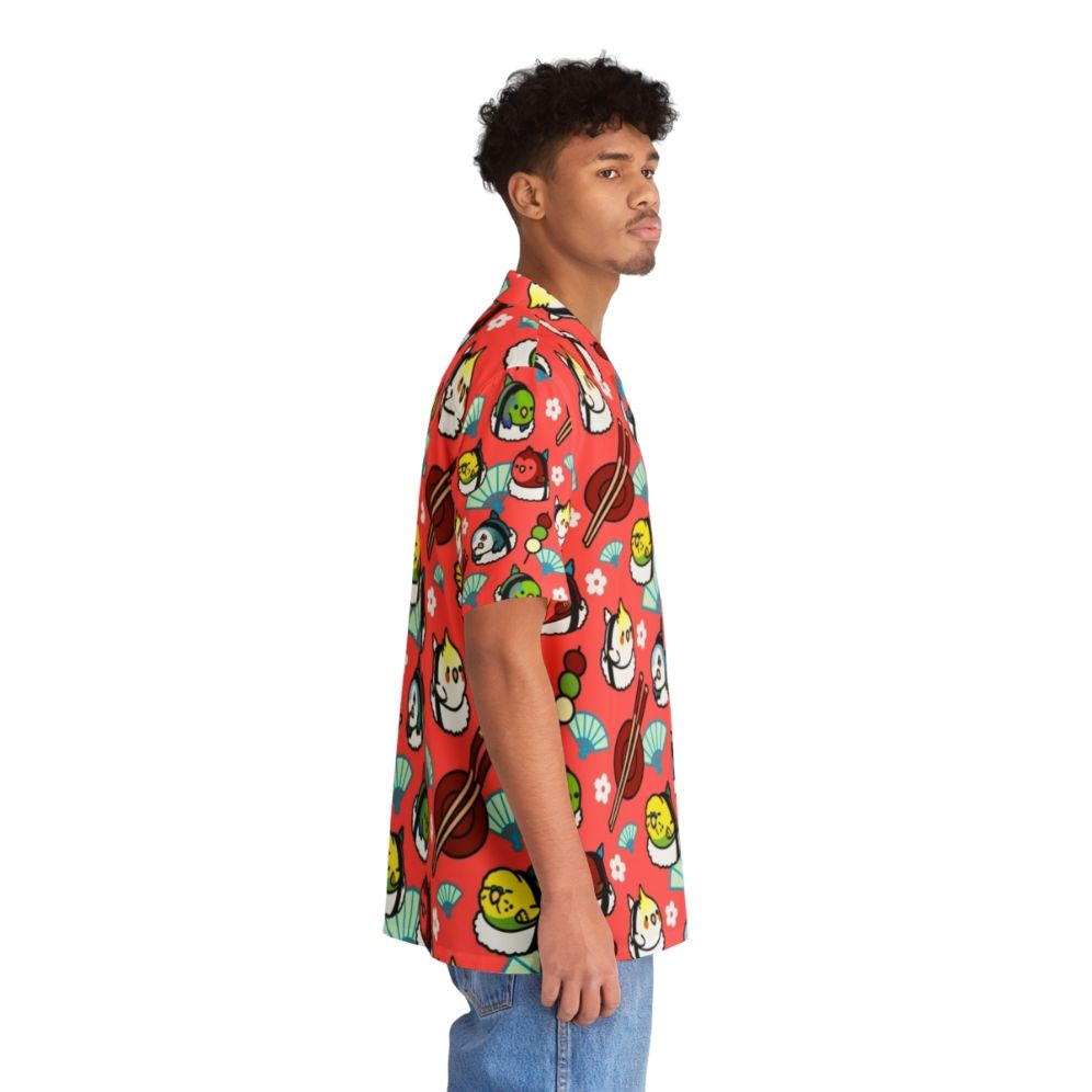 Tropical Hawaiian shirt with colorful print featuring a cute parrotlet and sushi elements - People Pight