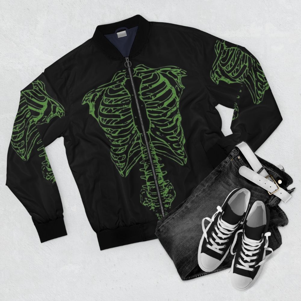 Skeleton bomber jacket with a worn, distressed look - perfect for cult movie and music fans - Flat lay