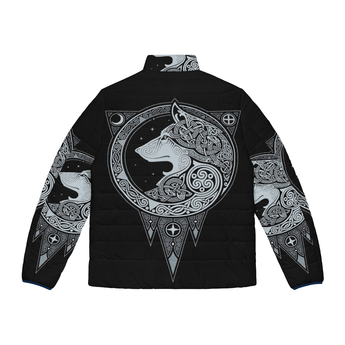 Norse Ulv Silver Puffer Jacket with Mystical Wolf Graphic - Back