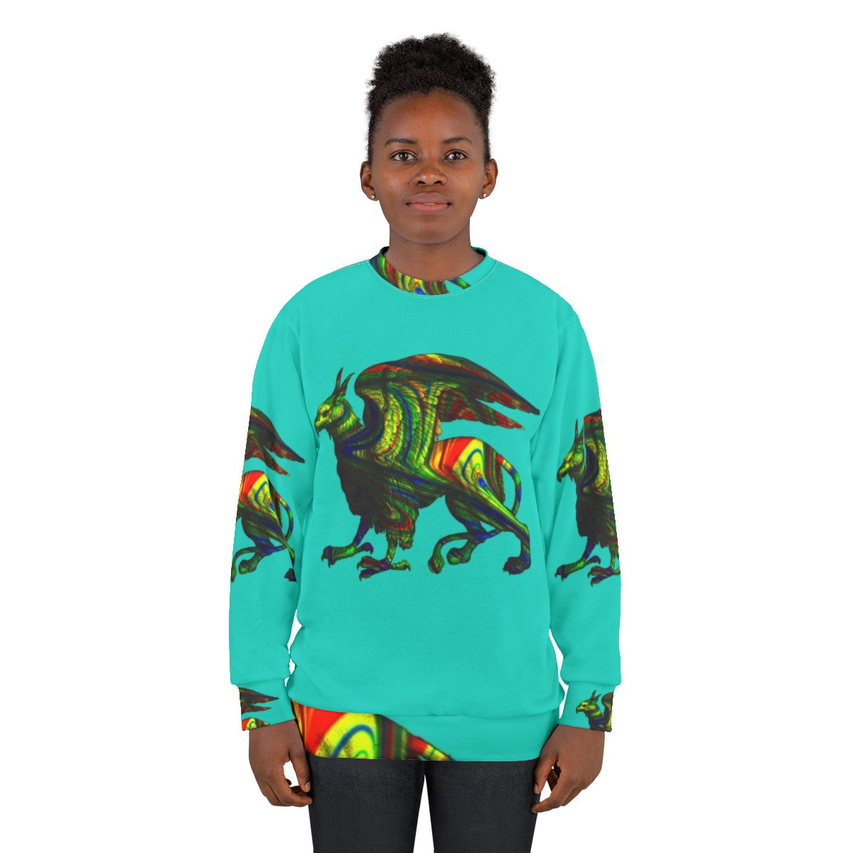 Colorful abstract griffin aqua sweatshirt with mythical creature silhouette art - women