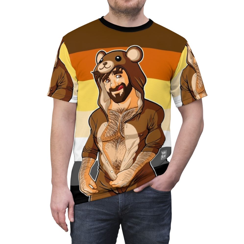 An all-over printed t-shirt featuring a bear pride design with various bear-related motifs and text - men front