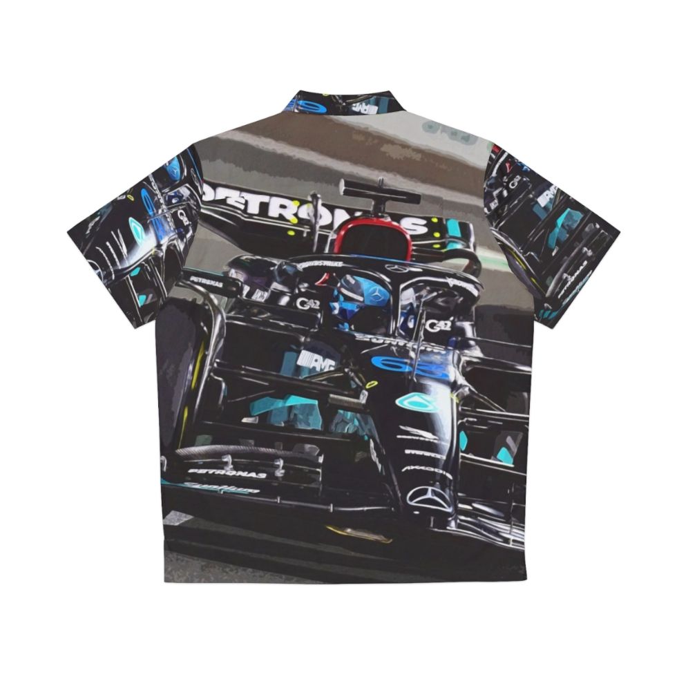 George Russell wearing a Hawaiian shirt with his 2023 F1 racecar - Back