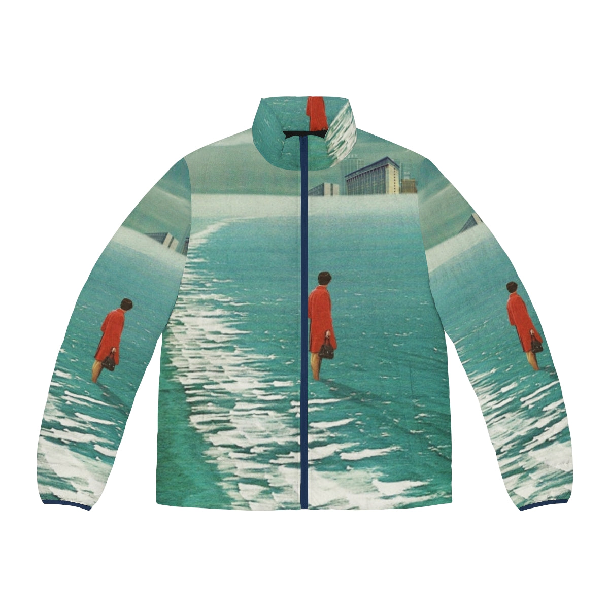 A surreal, post-apocalyptic puffer jacket with an urban landscape design of fading cities, dark skies, and waves.