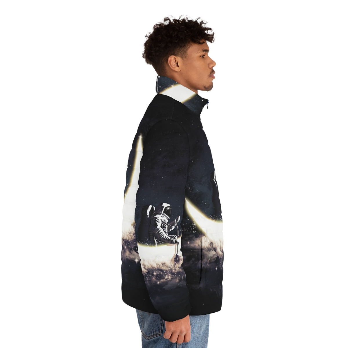 Stylish puffer jacket with a moon sailing and space-themed design - men side right