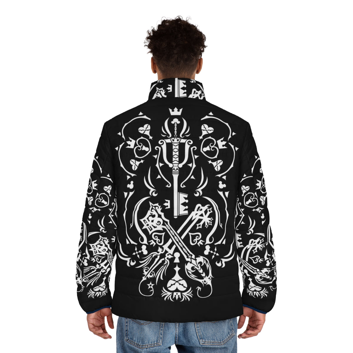 Kingdom Hearts inspired black puffer jacket with gaming and anime design - men back