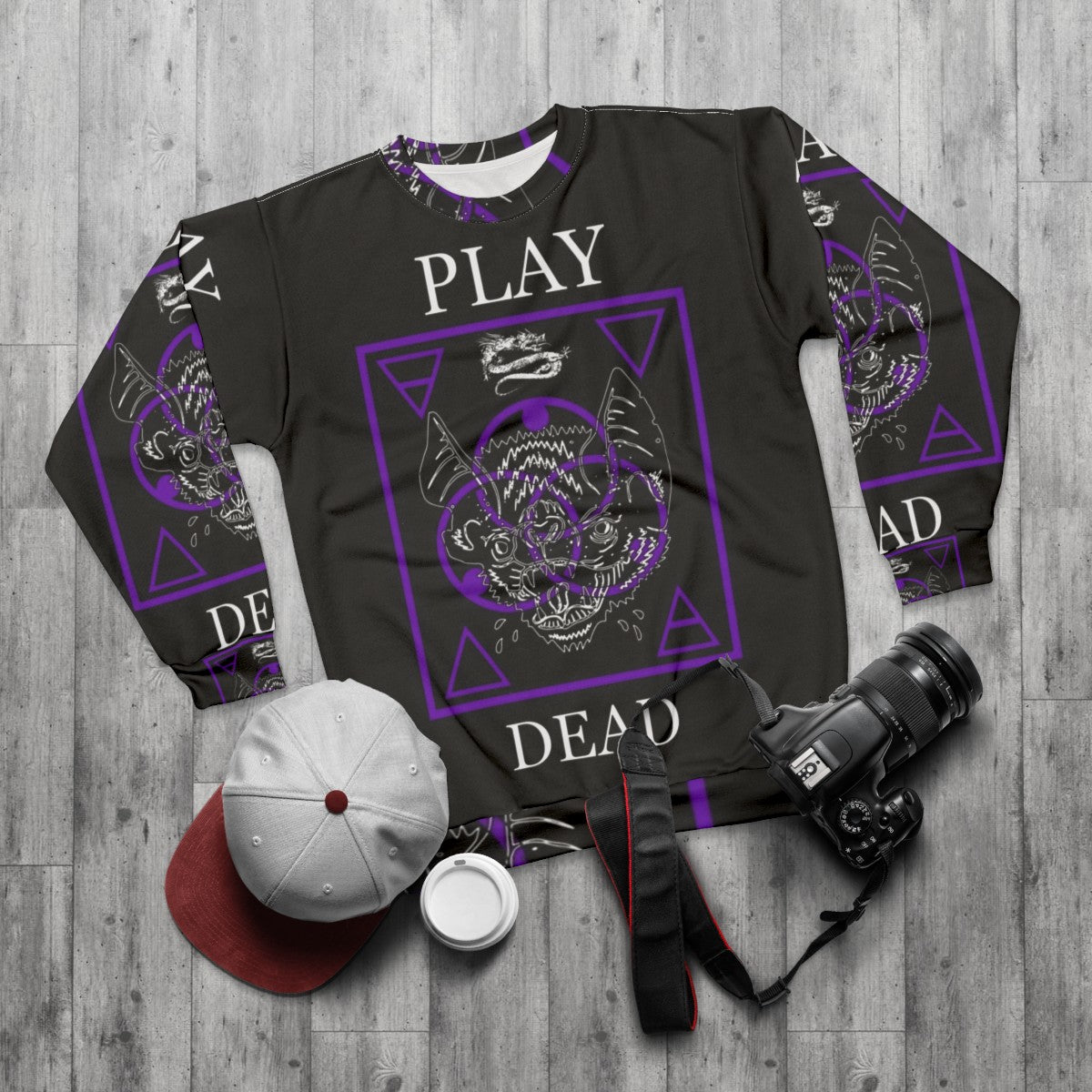 Vampire bat play dead graphic sweatshirt - flat lay