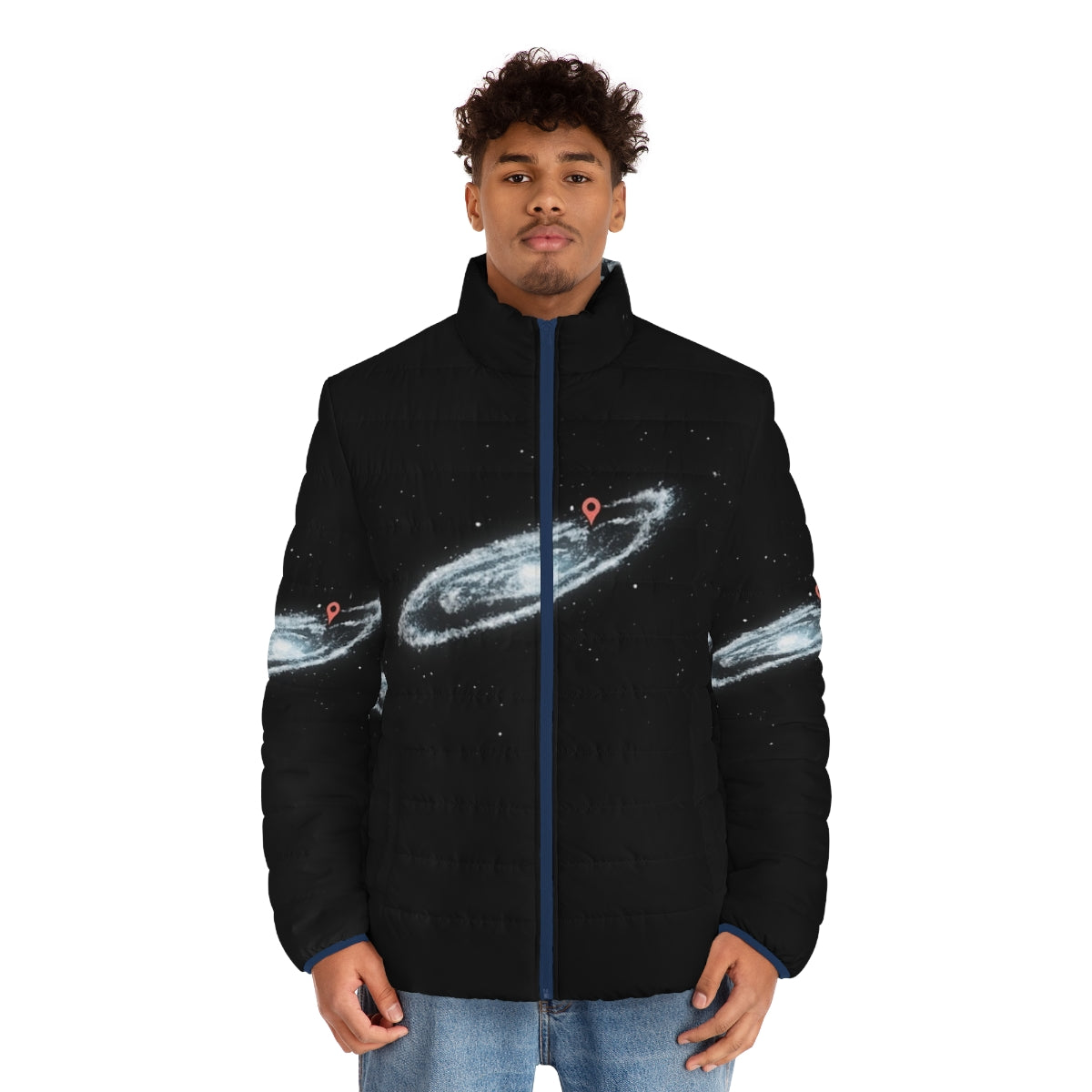 Milky Way puffer jacket featuring a cosmic design with galaxy and star motifs - men front