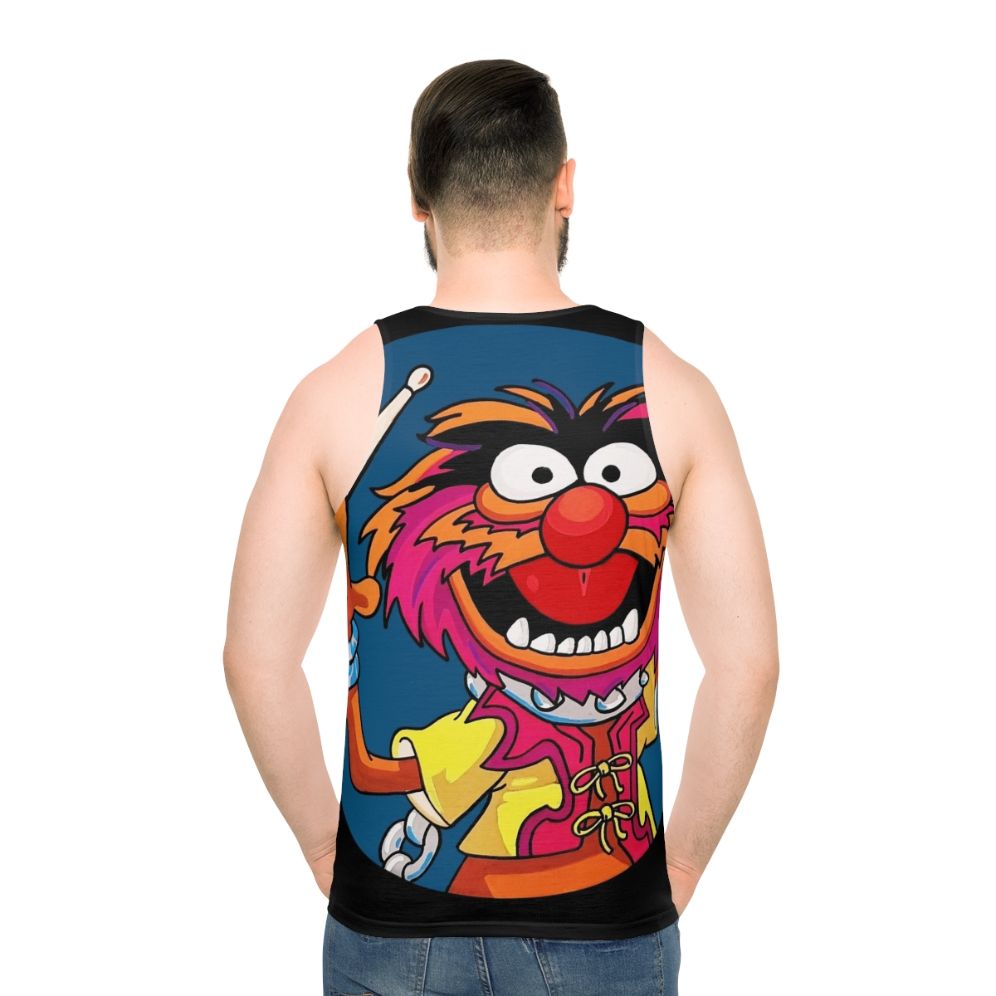 Electric Mayhem drummer playing drums on a unisex tank top - men back