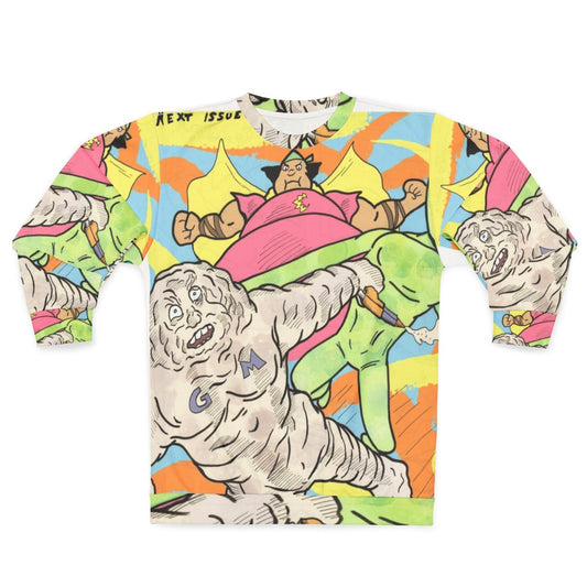 Cute Cloudman, Glueman, and Moon Alien superhero characters on a pastel sweatshirt