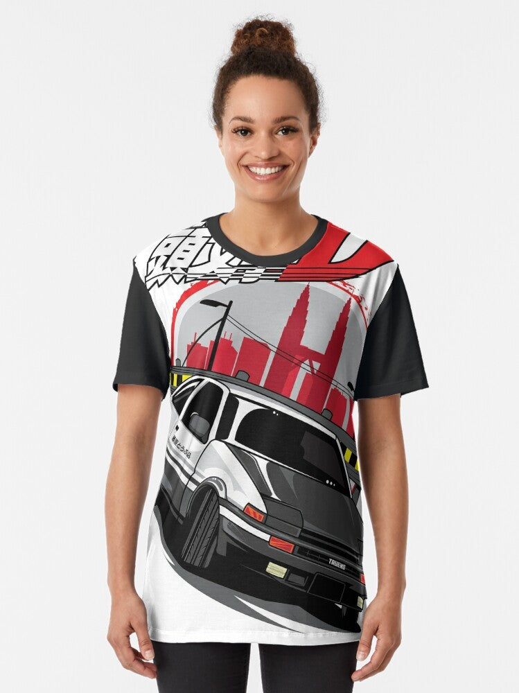 Initial D AE86 Graphic T-Shirt featuring the iconic Toyota Corolla Levin AE86 from the legendary anime series. - Women