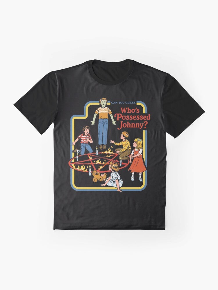 Retro graphic t-shirt with "Who's Possessed Johnny?" parody design in vintage 70s/80s style, featuring occult, demon, and horror elements. - Flat lay