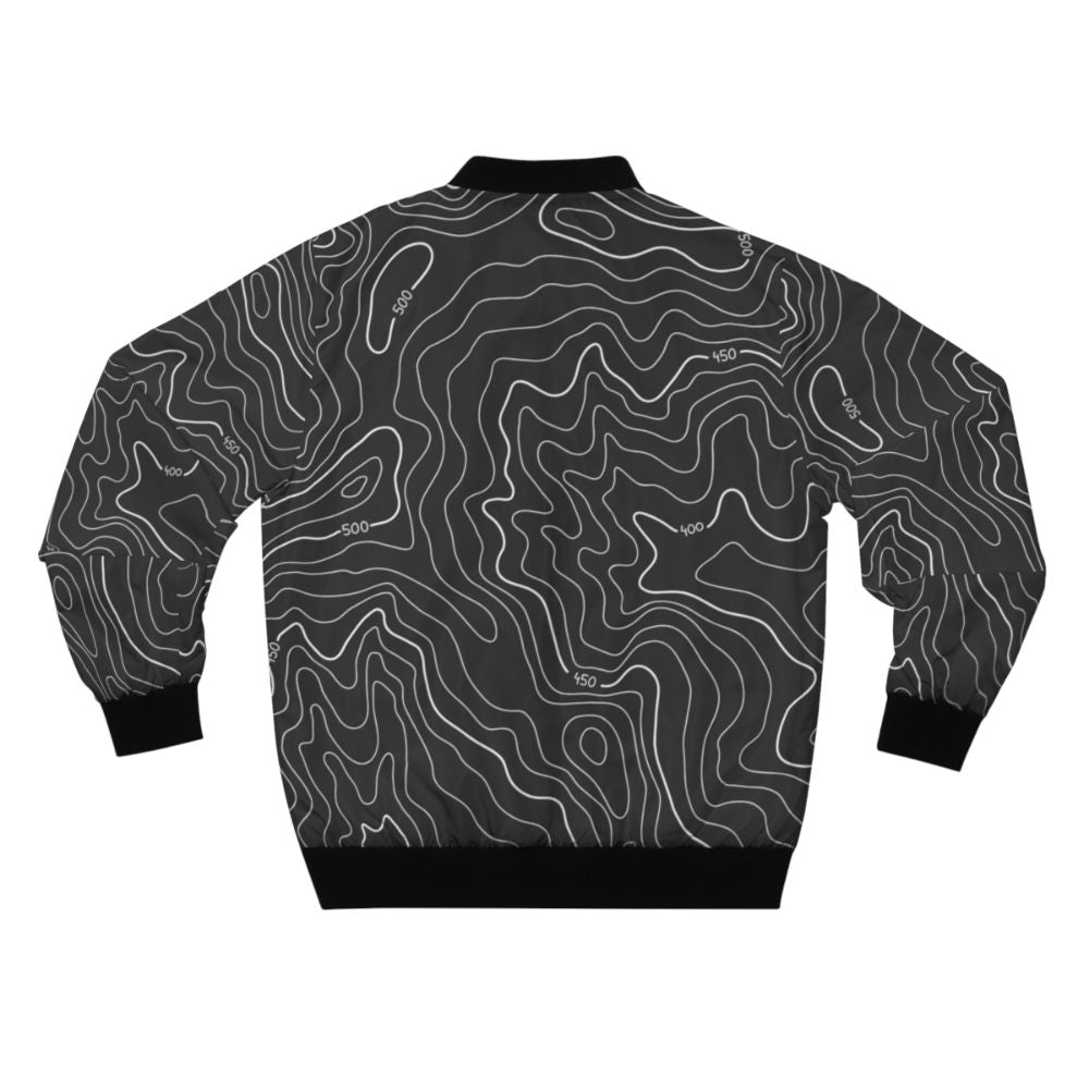 Topography bomber jacket with modern, minimalist geographical design featuring contour lines and black and white color scheme - Back