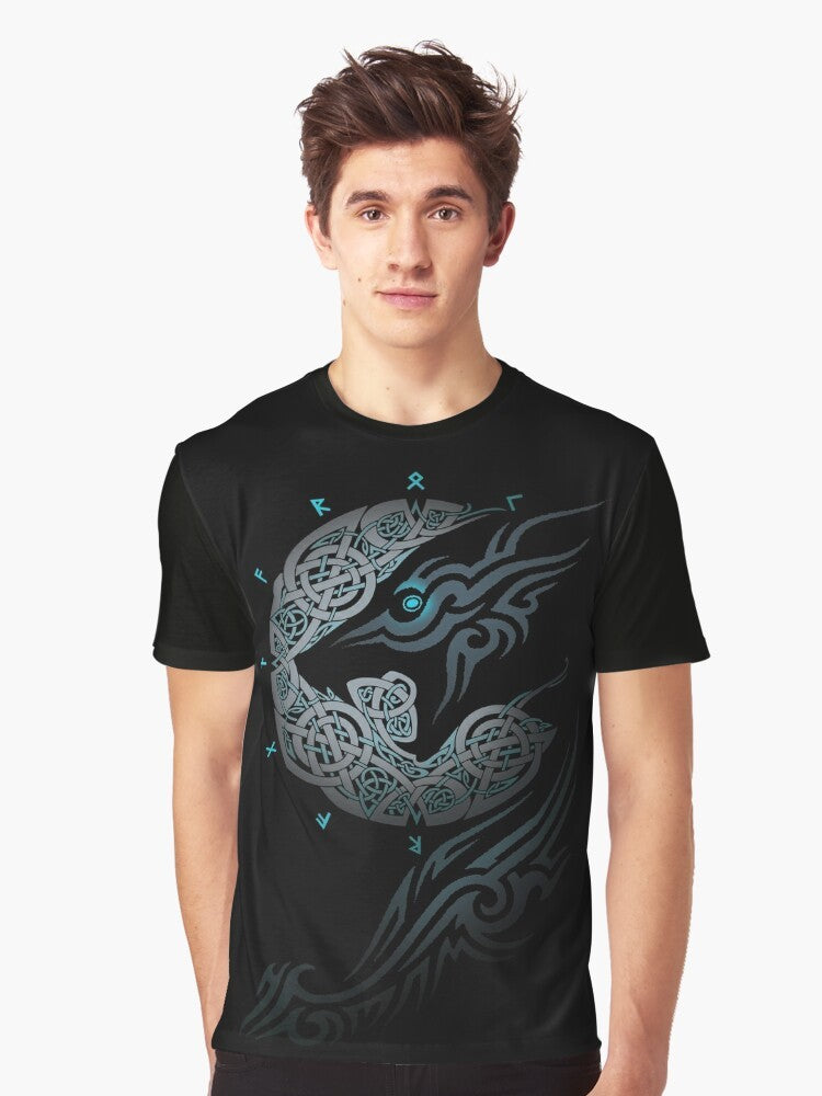 Ragnarok Moon Graphic T-Shirt featuring a mythical wolf, moon, and Celtic symbols from Nordic mythology - Men