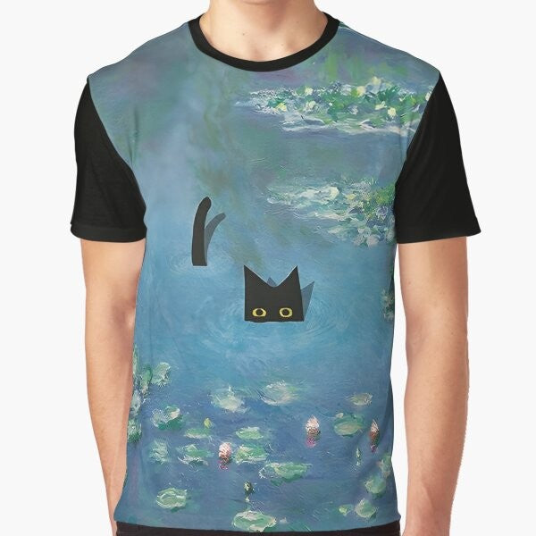 Claude Monet inspired water lily and cat graphic t-shirt design