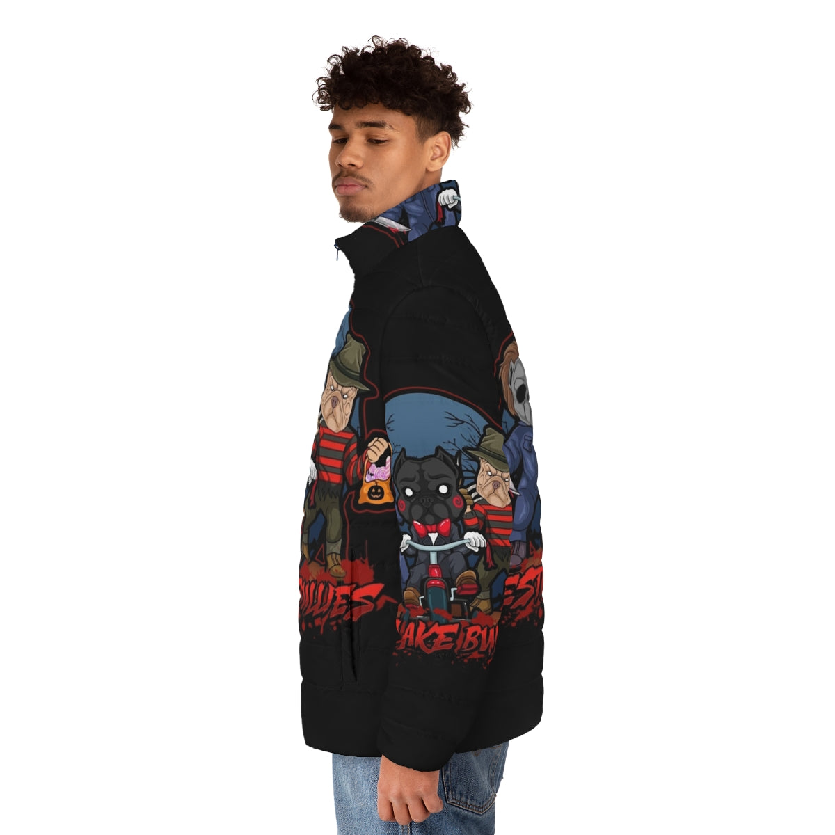 A cozy puffer jacket featuring a spooky pitties design, perfect for the Halloween season. - men side left