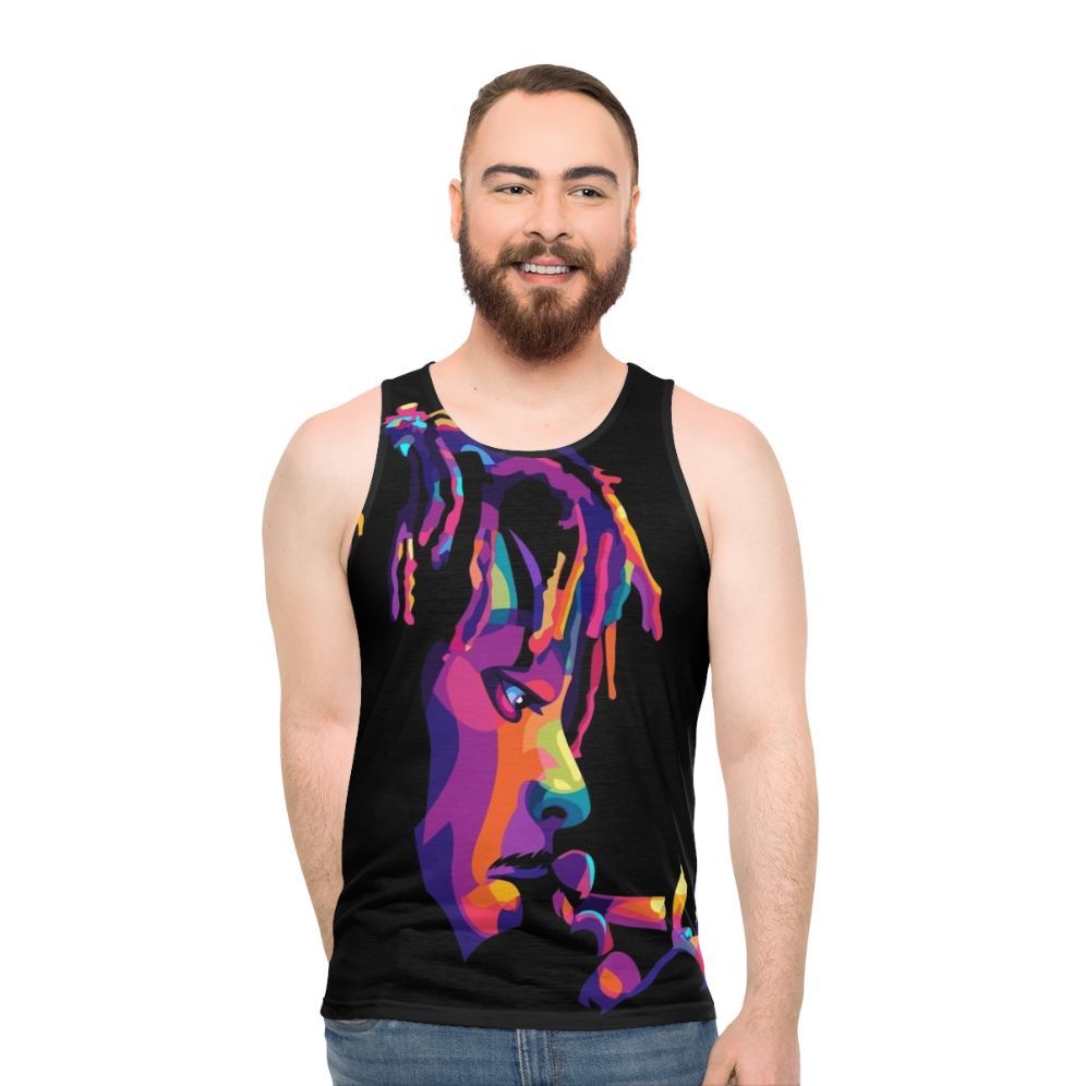 Vibrant pop art unisex tank top with "Legend Never Die 999" design - men