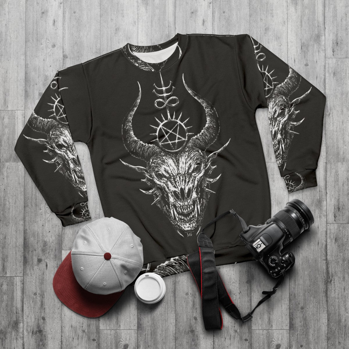 Satanic demon sweatshirt with dark gothic design - flat lay