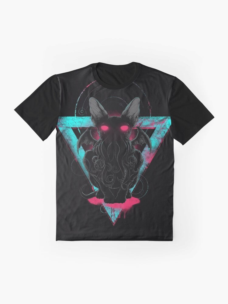 Surreal Cathulhu II graphic t-shirt featuring a cat-like creature with octopus tentacles against a grunge background. - Flat lay