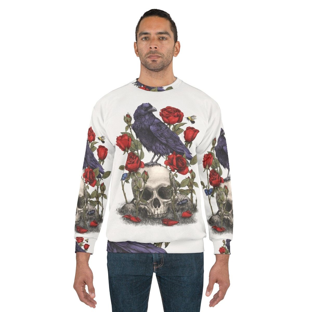 Memento Mori Sweatshirt with Raven, Skull, and Floral Graphic - men