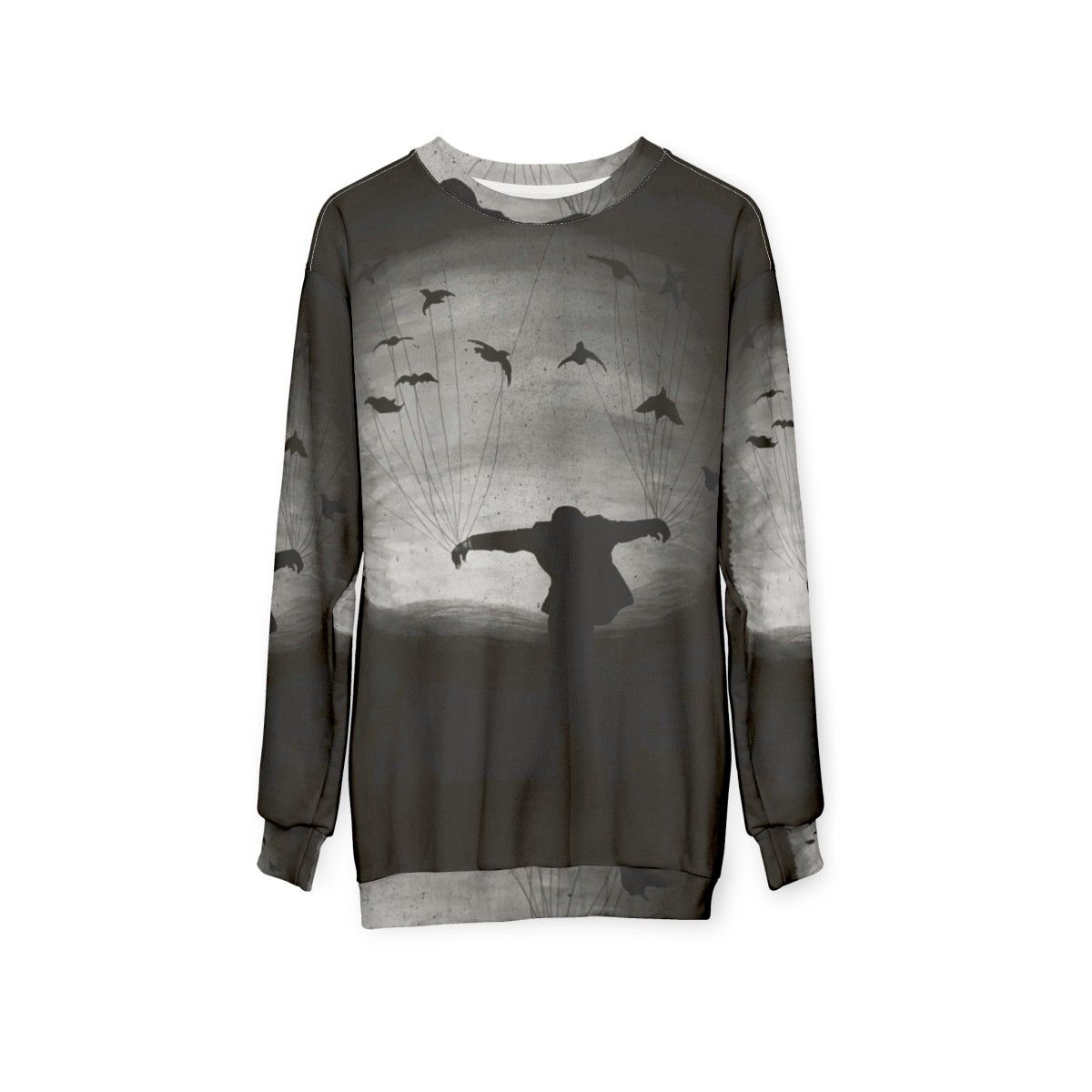 Hand-painted sweatshirt with mysterious raven design - hanging