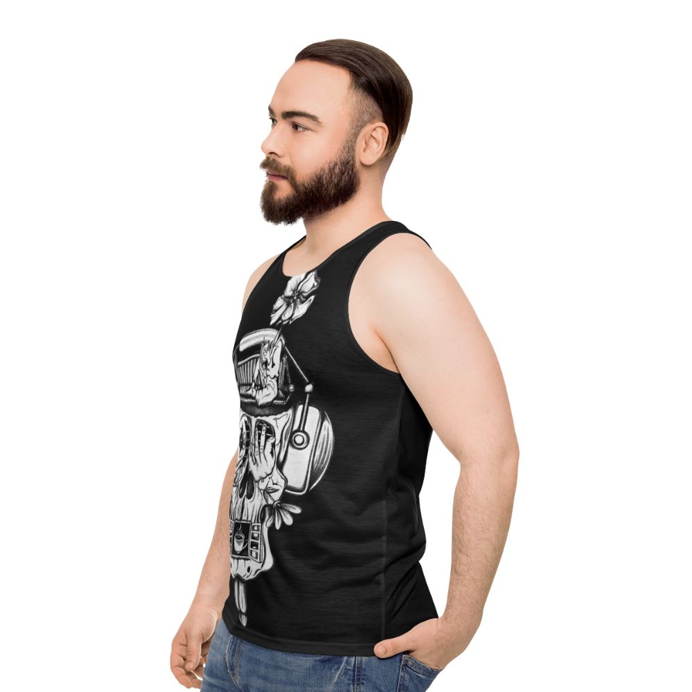 Unisex tank top featuring surrealist "Music of the Mind" design - men side