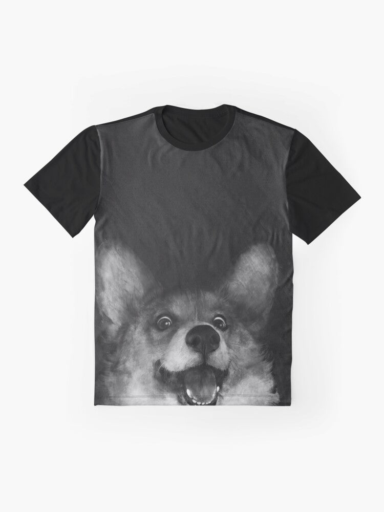 Adorable black and white corgi wearing a sausage fox graphic design - Flat lay