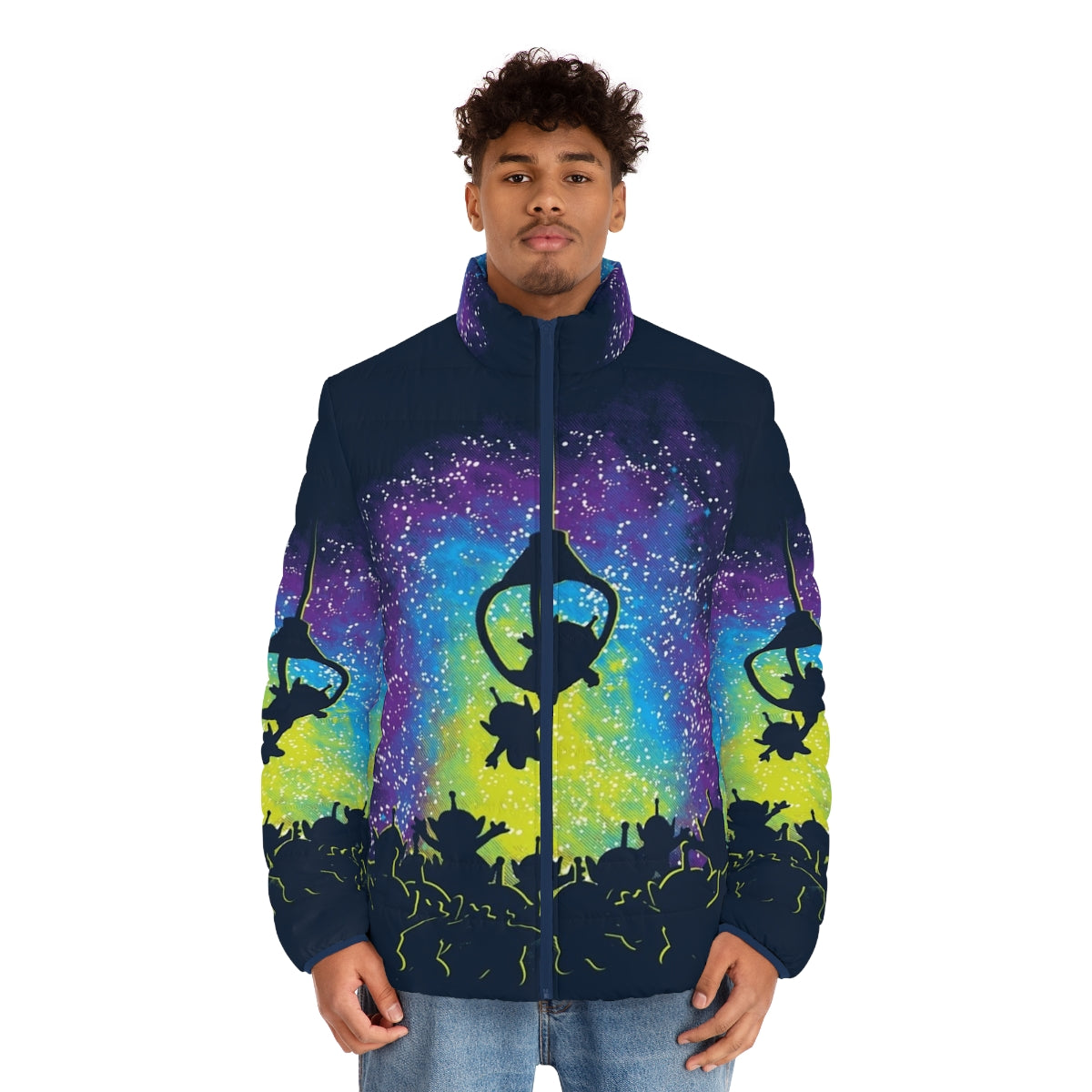 Master Puffer Jacket with vibrant alien and UFO design - men front