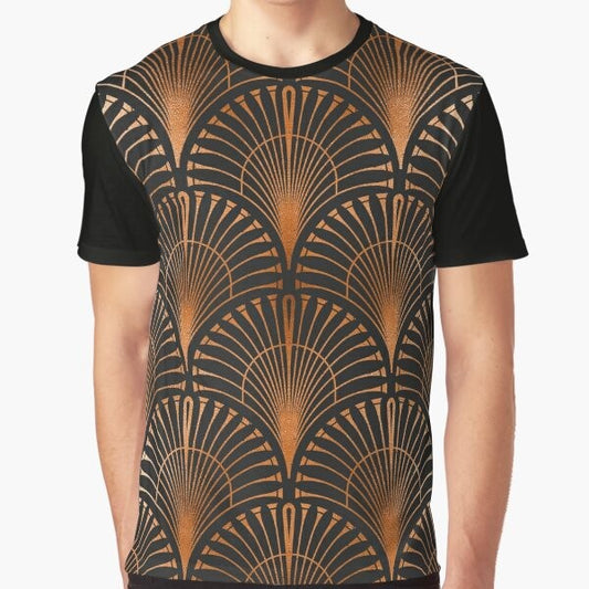 Copper colored and black exotic art deco pattern graphic t-shirt