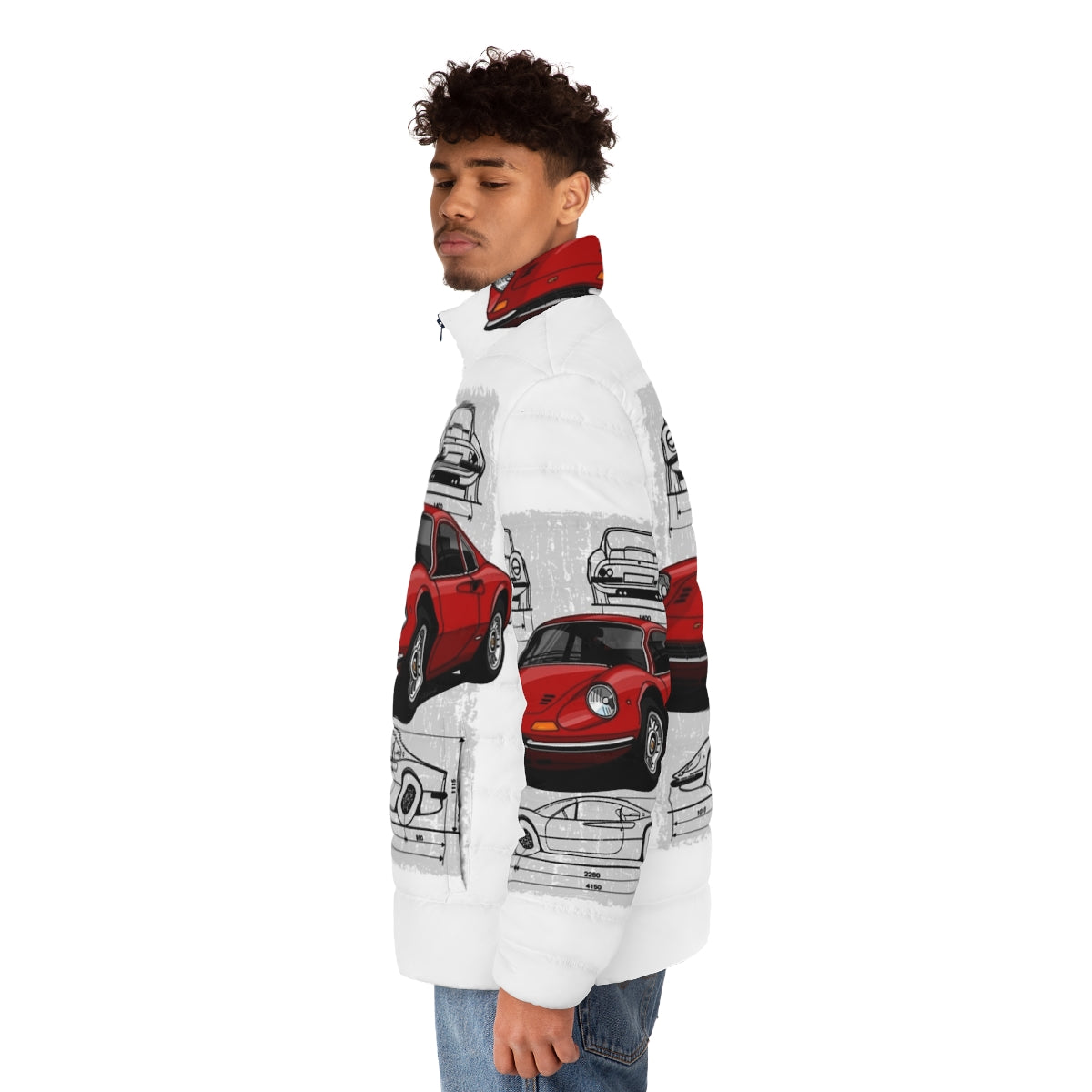 Illustration of a Ferrari Dino 206/246 GTB/GTS sports car printed on a puffer jacket - men side left