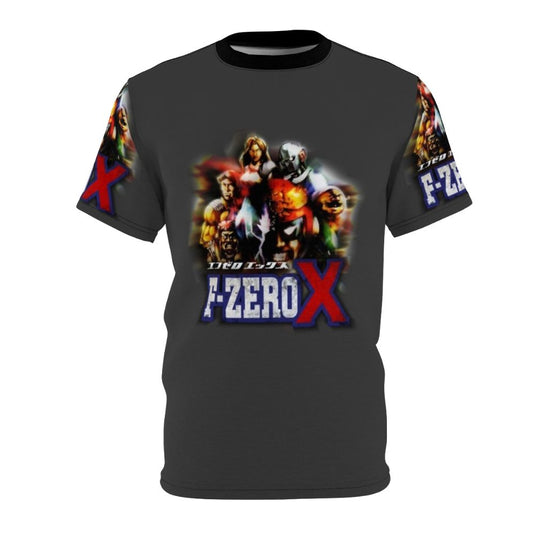 F Zero X inspired all-over print t-shirt featuring a vibrant racing game design