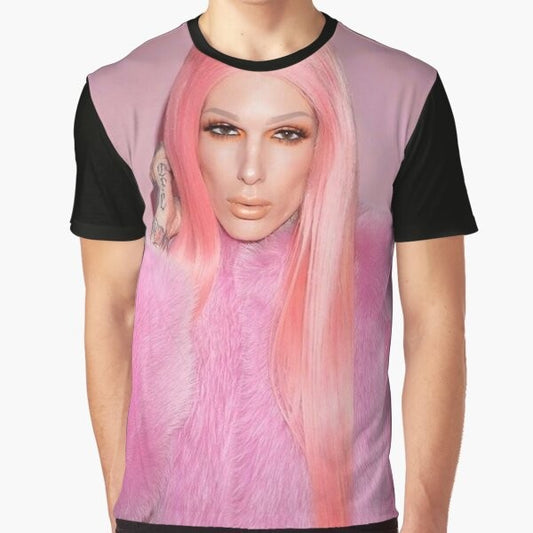 Jeffree Star graphic t-shirt featuring the brand's iconic logo and makeup products