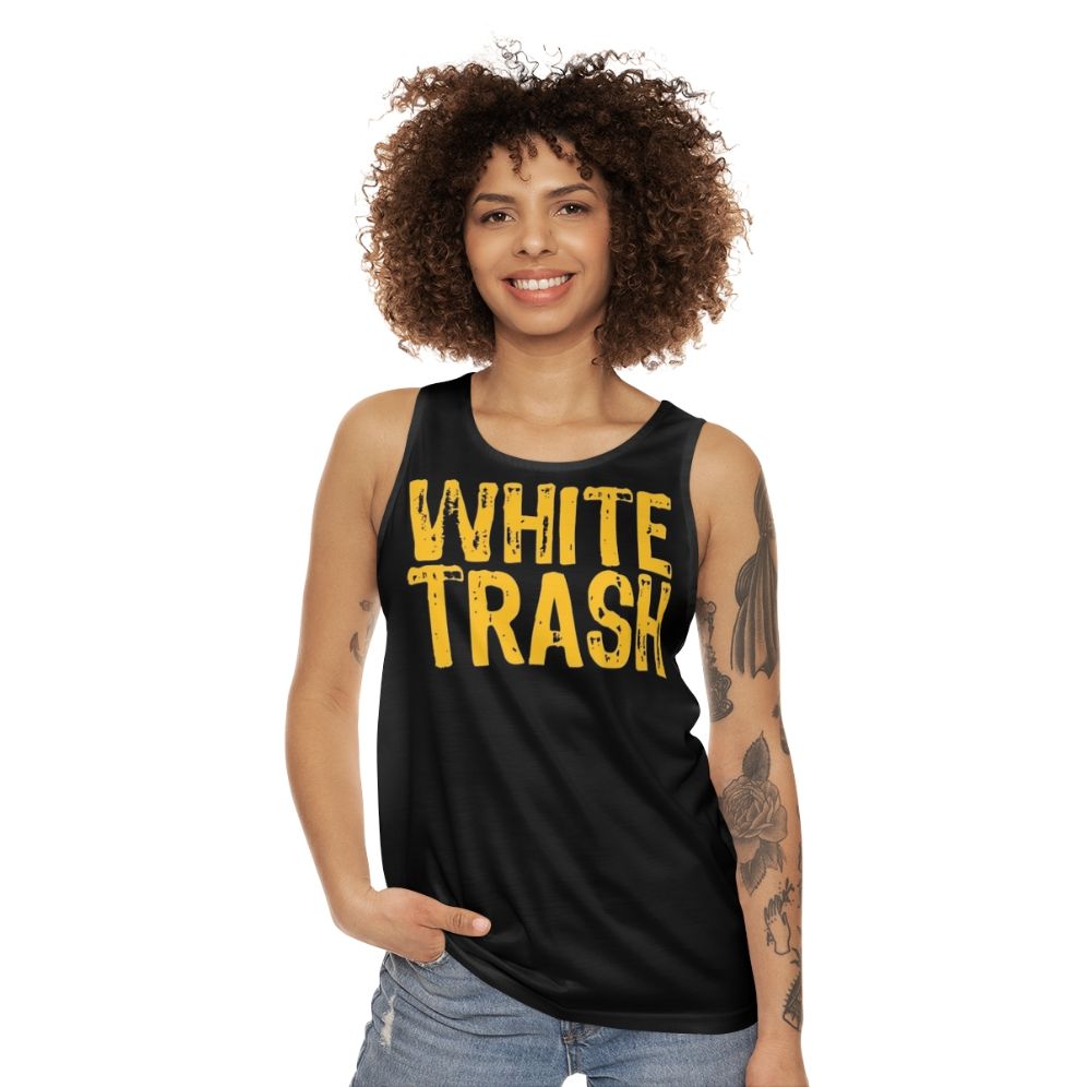 Unisex white tank top with funny "trailer trash" design - women