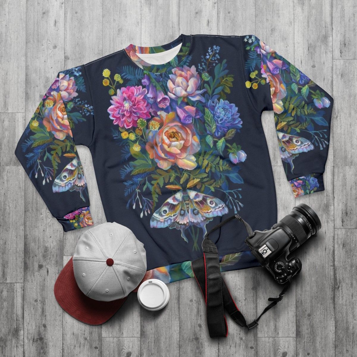 Delicate moth flowers bouquet sweatshirt - flat lay