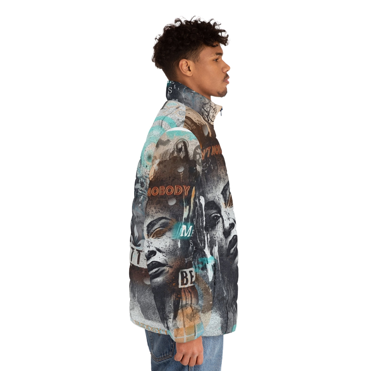 Colorful and eye-catching puffer jacket with "Ain't Nobody" text and Chaka Khan-inspired design - men side right