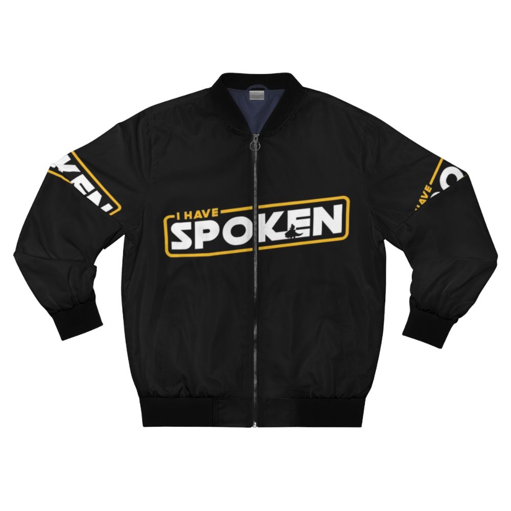 "I Have Spoken" Mandalorian-inspired bomber jacket with logo graphic