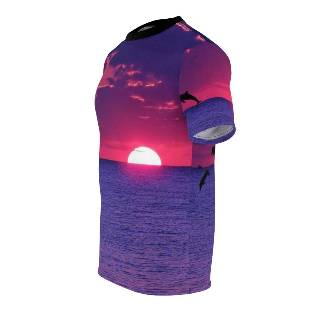 Stunning AOP t-shirt featuring a vibrant sunset sky with pink and purple hues, including a dolphin silhouette on the horizon. - men left