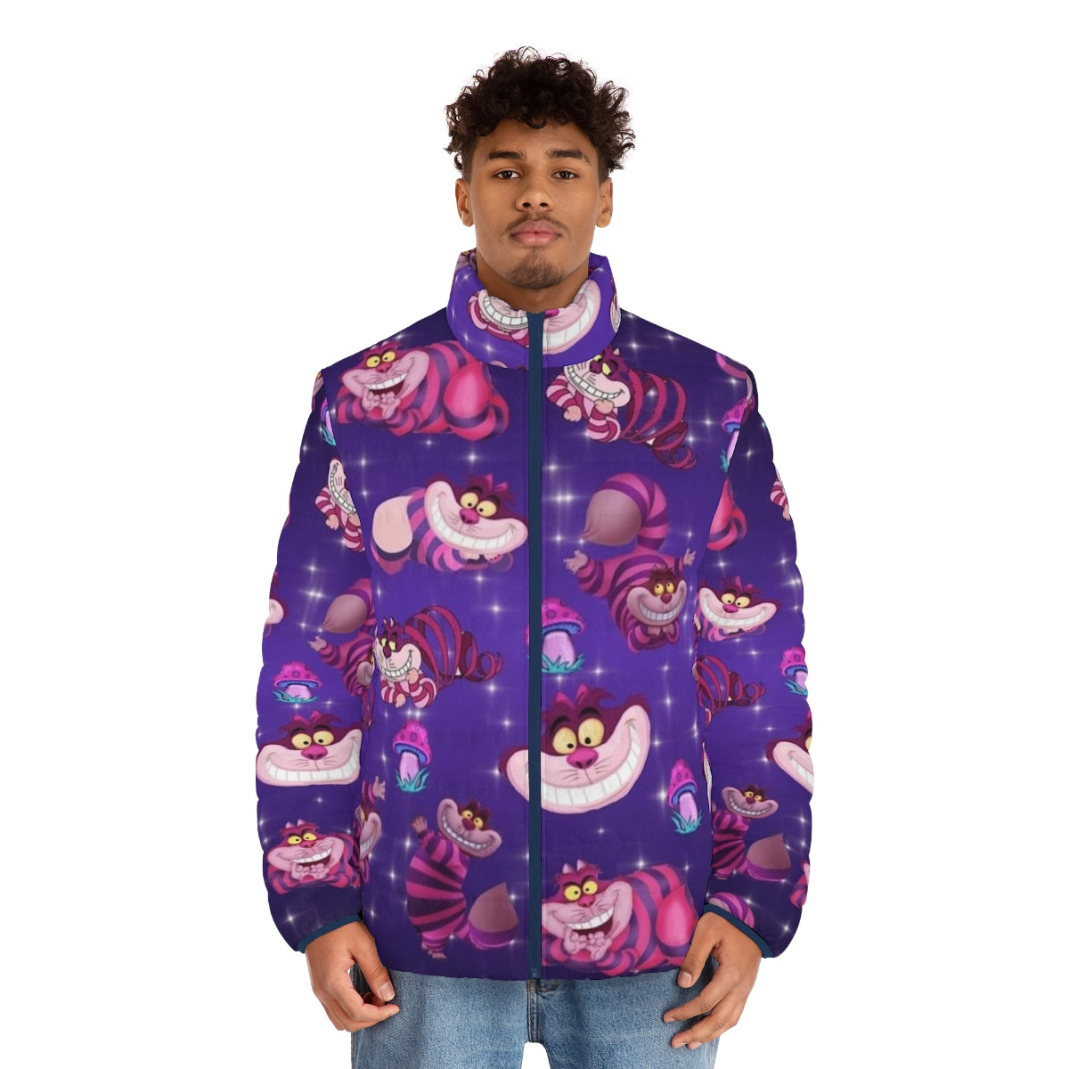 A purple puffer jacket with mushroom and cheshire cat designs, perfect for the autumn season. - men front