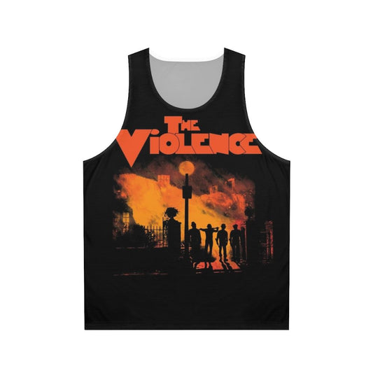 Unisex horror movie tank top with violent, spooky, and humor-filled design