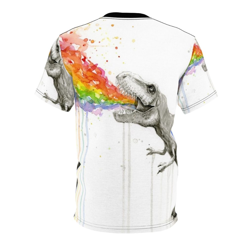 Whimsical illustration of a T-Rex dinosaur vomiting a rainbow of colors on a colorful t-shirt. - Back