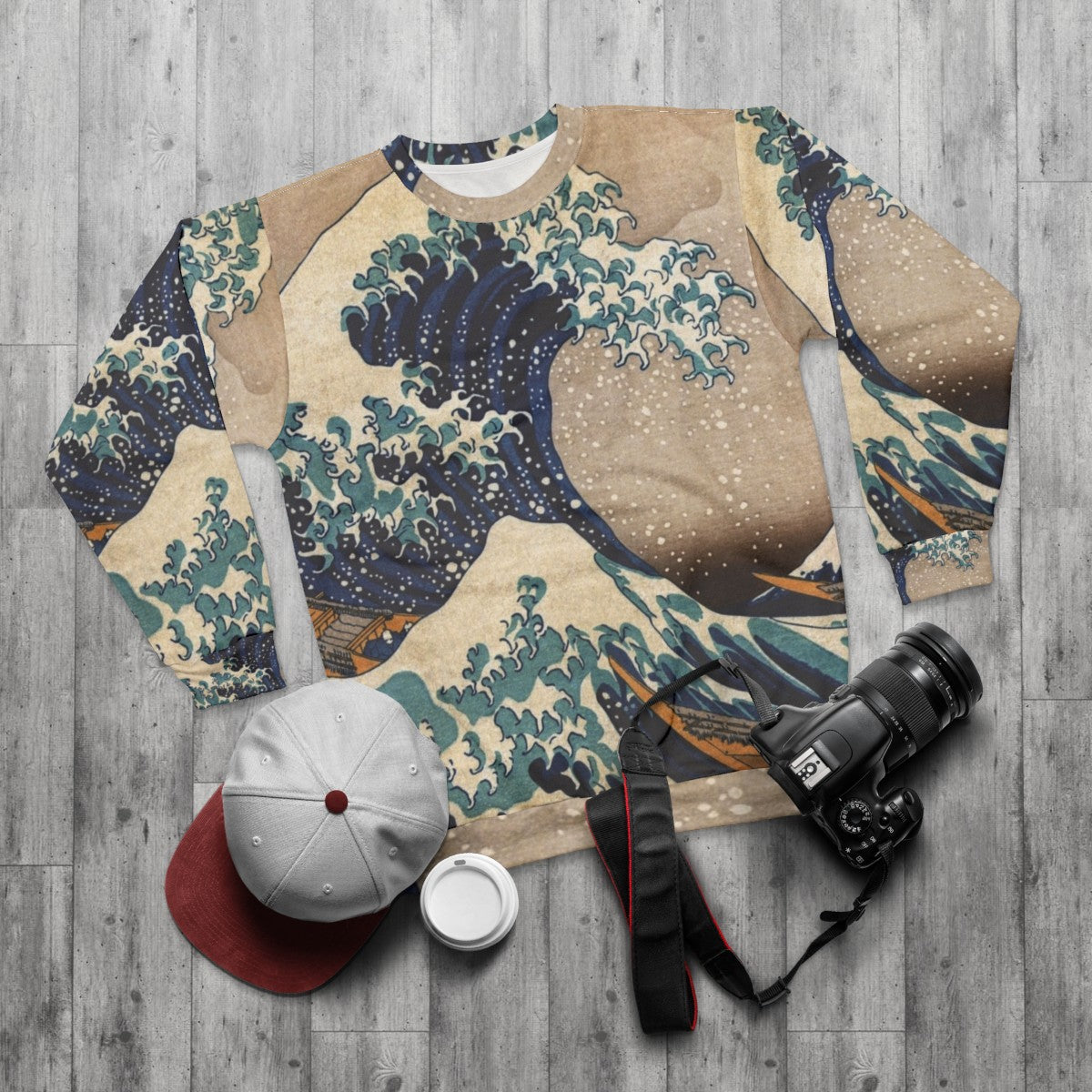 "The Great Wave Off Kanagawa" Japanese art sweatshirt - flat lay