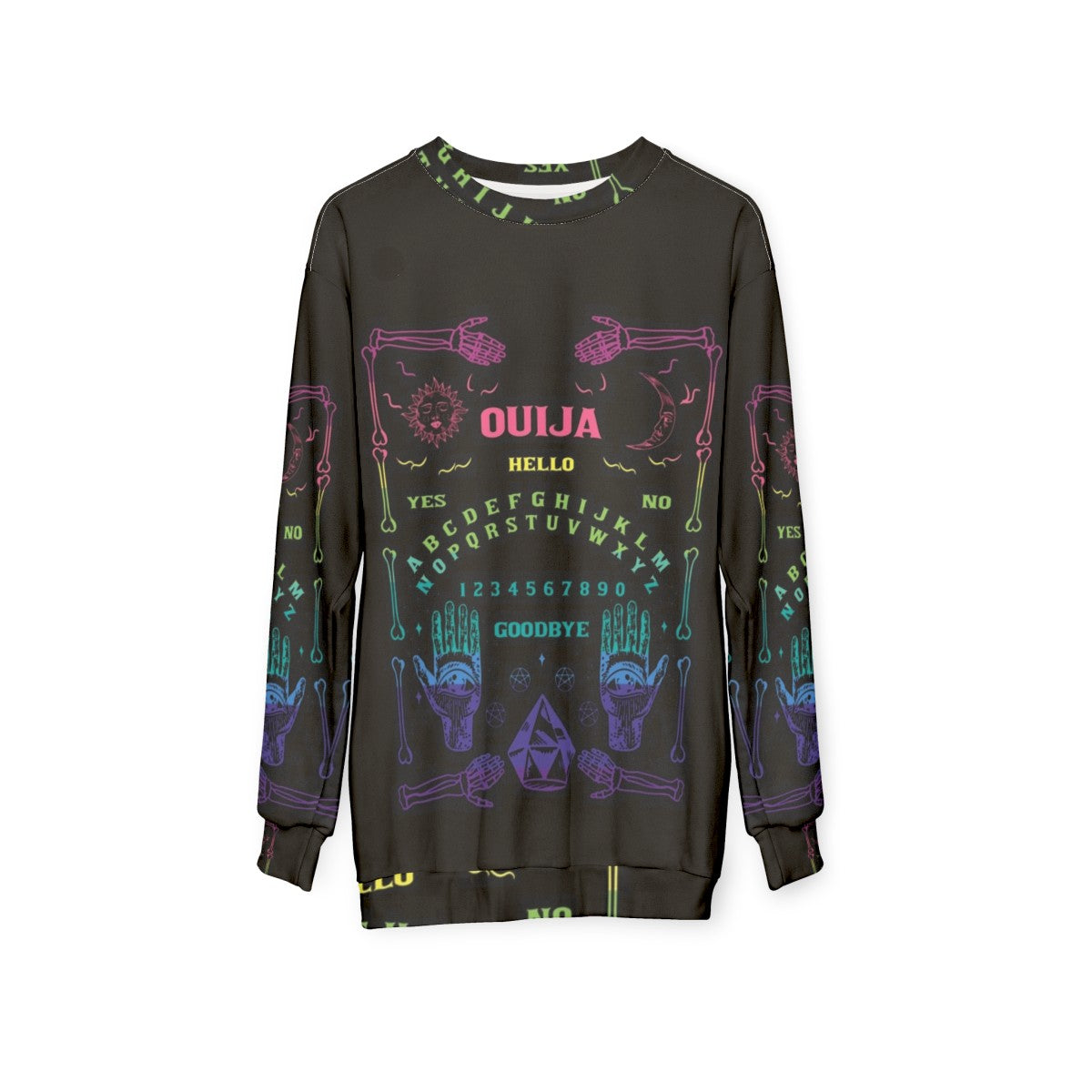 Colorful rainbow ouija board graphic on a sweatshirt - hanging