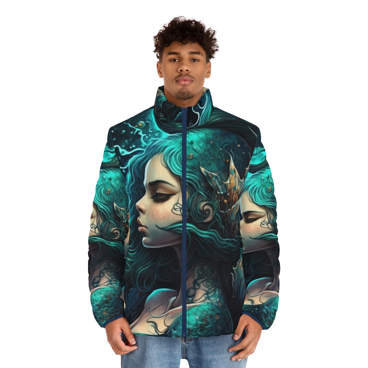 Puffer jacket featuring enchanting sea creature designs, perfect for fantasy fashion enthusiasts - men front