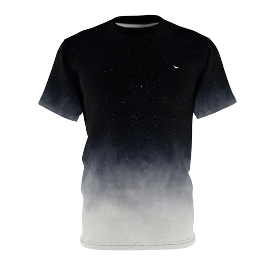 Captivating Celestial Landscape AOP T-Shirt featuring a moonscape design with stars, clouds, and a serene night sky