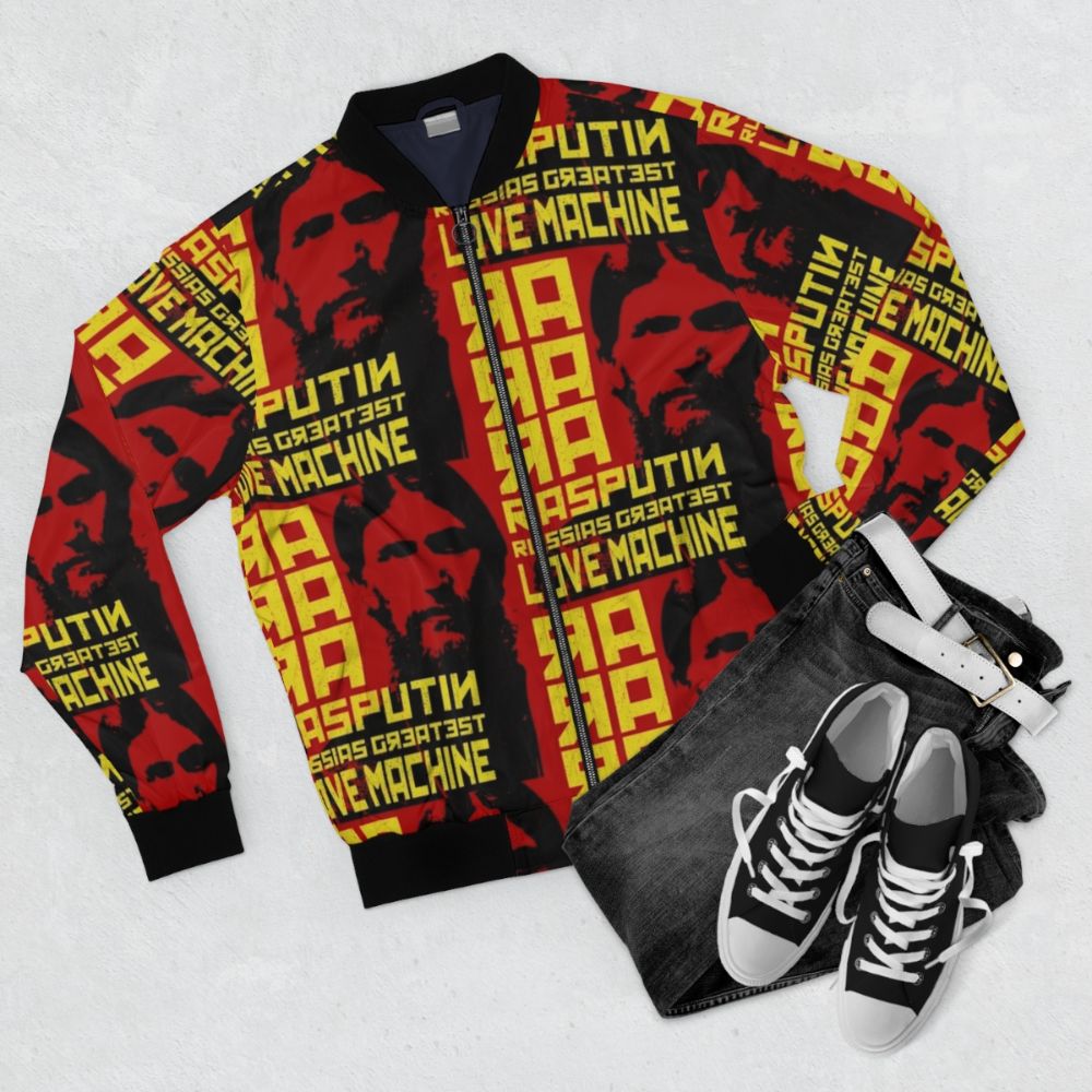 Rasputin-inspired bomber jacket with Russia and communist imagery - Flat lay