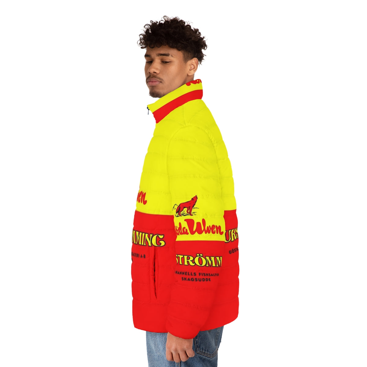 Stinky Fish Puffer Jacket featuring a unique seafood-inspired design for outdoor enthusiasts - men side left